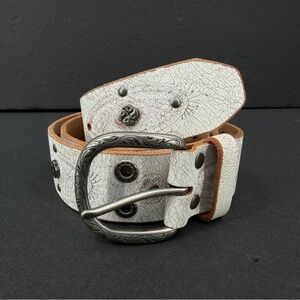 Vtg Fossil Genuine Leather Belt Adult Small White Tooled Studded Y2K BT3108100
